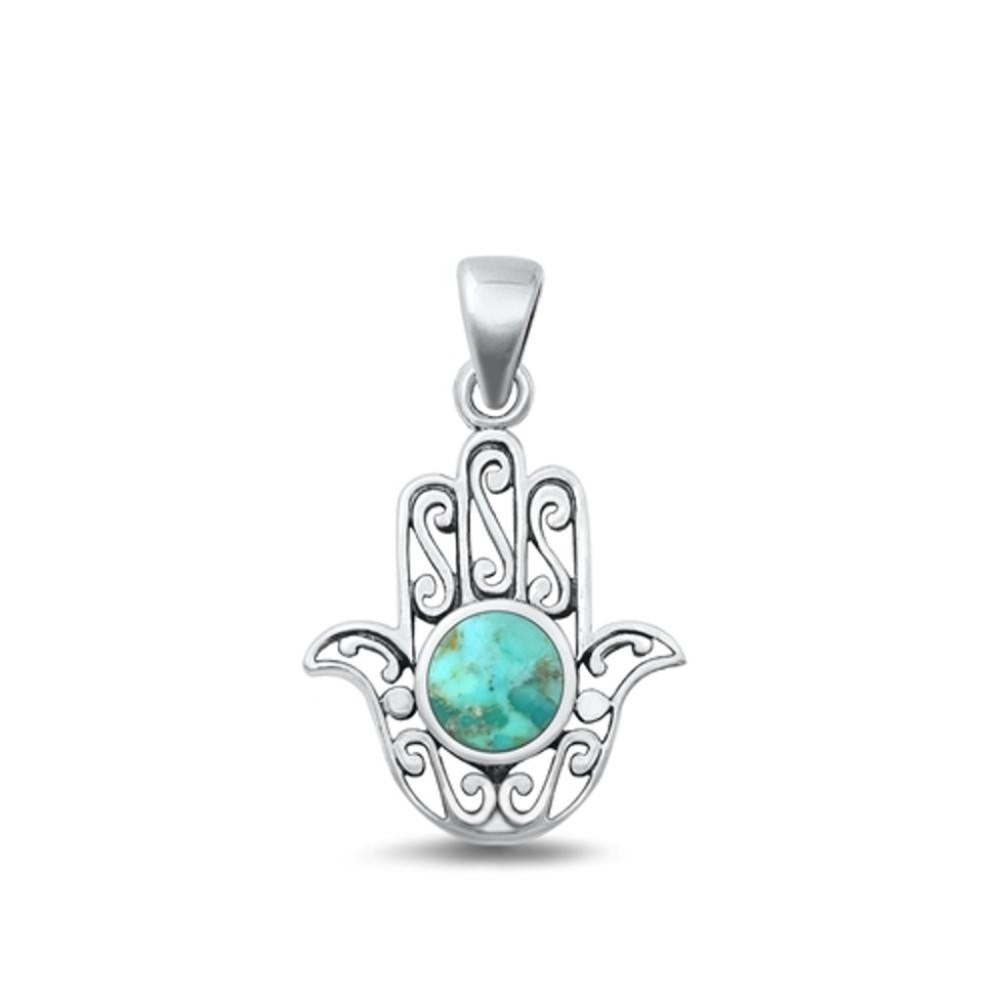 Sterling Silver Filagree Hamsa Hand Genuine Turquoise Pendant Necklace - ITALY - Picture 2 of 7